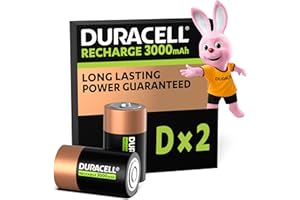 Duracell Rechargeables Piles D (lot de 2), 3000 mAh NiMH, Puissance longue durée