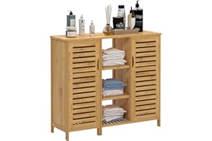 DlandHome 2-in-1Wohnzimmerschrank aus Bambus, Säulenschrank und Schrank, Küchenschrank mit offenen Regalen und Tür, für Esszimmer, Wohnzimmer, Küche, Flur, Homeoffice