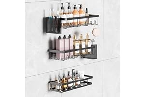 YEAUPE PRO Étagère Douche sans Perçage, 5 Pièces Étagère Salle de Bain Antirouille, Rangement Salle de Bain et Cuisine avec Crochets, Étagère Murale Grande Capacité avec 2 Boîtes de Rangement Latérales - Noir