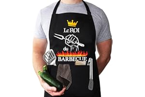 WGIJXA Tablier Cuisine Barbecue Homme Noir, Tablier de Cuisine BBQ Homme Personnalisé Professionnel Réglable Étanche, Tabliers Humour Drole Rigolo Chef Papa Le Roi du Barbecue Fête Cadeau Noël