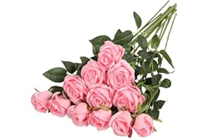 Hawesome 12PCS Artificial Roses Fake Flowers Single Long Stem Blooms With Rose Buds Wedding Decoration Bridal Bouquet Decorative Flower Arrangement Home Decoration Party Centerpieces in Pink