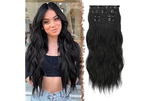 FESHFEN Extensiones de clip, 4 unidades de 50 cm de cabeza completa con clips, extensiones de pelo sintético ondulado negro natural ondulado, extensiones de pelo en clip para mujeres, 180 g