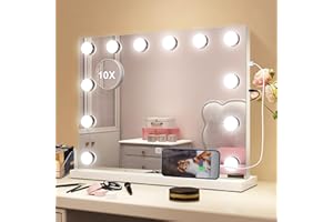 S'bagno Espejo-Maquillaje-con-Luz 48x36cm, Hollywood-Espejo-Tocador-LED con Aumento 10X, Puerto USB, 12 Bombillas 3 Colores, Atenuación, Memoria, Soporta Montaje en Pared, Blanco
