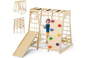 CUPCHID Maxi Klettergerüst für Kinder,9-in-1 Indoor Klettergerüst für Kinder mit Rutsche, Kletterwand, Kletternetz & Schaukel - Holz Kletterturm klappbar