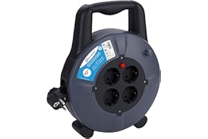 Electraline 49079 - Avvolgicavo H05VV-F 3G1,5 10 m IP20 per interno/interno con 4 prese Schuko/cavo con cavo di prolunga/avvolgitubo con manovella, colore: Nero