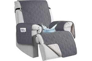 QQJIN 100% Waterproof Recliner Chair Cover with Pockets, Elastic Strap, Non-Slip Recliner Armchairs Covers, 1 Seat Anti-fouling Recliner Cover for Electric Chair，Kids, Dogs, Pets, Grey,1 Seater