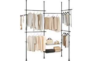 SoBuy Portant à vêtements télescopique solide - Penderie ouverte réglable avec tringles et étagères, Porte manteau pour chambre/dressing, Noir KLS04-II-SCH