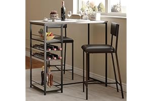 HAPIHOM 3 Piece Breakfast Bar Table Set, Bar Table Set with Wine Racks, 2 Open Storage Shelves, and PU Leather Stools with Footrest, Space Saving Industrial Style Steel Frame for Kitchen Dining Room Pub-grey