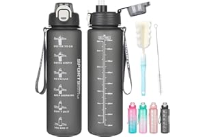 AOHAN Gourde Paille 1l, Bouteille d'eau Sans BPA, Motivation Gourde Sport avec Marquages de Temps, Bouteille Résistant aux Fuites Pour La Gym, L'École, Le Cyclisme