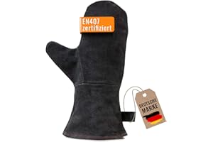 achilles Kaminhandschuh, Entspricht Norm EN407, Mit Thermoisolierung, Ofenhandschuh aus Leder, Schutzhandschuh feuerfest, Grillhandschuh, hitzebeständiger Leder Handschuh, schwarz