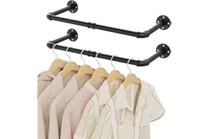 YheenLf Industrial Clothes Rail, Set of 2, 64 cm Clothes Rack, Wall Mounting, Space-Saving Coat Stand for Wall, Wall Shelf, Kitchen Shelf, Easy Assembly, for Small Rooms, Black