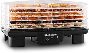 Klarstein Bananarama - D&ouml;rrger&auml;t, D&ouml;rrautomat, Obst-, Fleisch- und Fr&uuml;chte-Trockner, 6 Etagen, stapelbar, 550 W, einstellbare Temperatur, Umluftbetrieb, LCD-Display, BPA-frei, schwarz