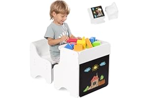 Tilhumt 2-in-1 Montessori Weaning Table and Chair Set with Chalkboard for Toddlers Age 1-4, Wooden Height Adjustable Chair, Kids Activity Table for Learning, Drawing, Dining, Easy Storage