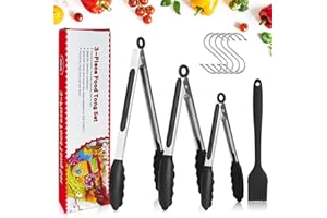 TOPSEAS Pinze da Cucina,3 Pezzi Set di pinze Cucina in Acciaio Inox Silicone Pinze da Buffet,per Cucinare,servire,Barbecue,Forno,Include 1 Spazzola per Barbecue(7 e 9 e 12 Pollici,Nero)