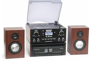 Steepletone HOUSTON XP Black 6 in 1 Music Centre, Bluetooth Vinyl Record Player, Turntable with CD, Cassette, DAB+ / FM Radio, USB MP3 playback & Encoding, NEW 25Watt High Power Wireless Speakers