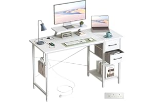 DOMSHOCT Computer Desk with Drawers & Power Outlets, 100*50cm Home Office Desk with Monitor Stand, Gaming Table with Reversible Storage Shelf & Hook, Small PC Workstation for Study Work Write, White