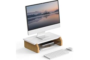 Fenge Supporto per Monitor a 2 Livelli con Tavola in Legno e Gambe in Sughero, Supporto Monitor Scrivania per PC/Portatile/Stampante 42x23,5x11,6cm Bianco