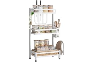 NETEL Wielofunkcyjny regał na przyprawy, 3-poziomowy, ze stali nierdzewnej, do blatu roboczego, stojak na przybory kuchenne, uchwyt na deskę do krojenia, haczyk, biały