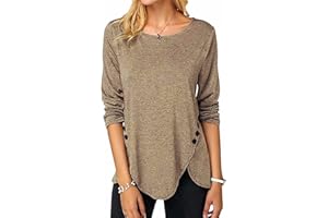 ASKSA Femme T-Shirt à Manches Longues Chemise à Col Rond Tops Lâche Long Tshirts Blouse Tunique avec Boutons