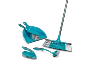 Beldray LA024152TQEU Kit de Nettoyage Deluxe avec 5 Accessoires, Ensemble Pelle et Balayette, Balai, Brosse à Récurer et Brosse à Vaisselle - Balai est idéal pour poils animaux, Turquoise