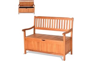 KOMFOTTEU Banc de Jardin pour 2 Personnes, Banc d’Extérieur en Bois d'Eucalyptus, avec Coffre de Rangement, & Sac à Poussière, Boîte 2 en 1 avec Accoudoirs et Dossiers, 100 x 43 x 28 cm