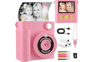 CKATE Kids Camera Instant Print, 1080P HD Instant Print Camera with 2 Shutters, Print Photo Paper & 32G SD Card, Birthday Chirstmas Gifts Toys for Girls 3-12 Years Old - Pink