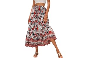 VIOYAVO Women Casual Boho Long Skirt Vintage Floral Print Bohemian Style Half Dress Elastic Waist Flowy Swing Midi Skirt Summer Spring