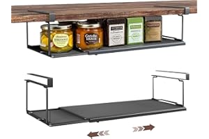 Pinkgarden Cestello Sottoripiano Estensibile in Metallo, Organizzatore Sospeso senza Forature per Cucina, Ufficio, Dispensa e Armadio, Alzato, Nero