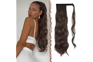 FESHFEN Coleta Postiza Rizada Pelo, 60 cm Largo Ondulado Wavy Ponytail Extension Marrón y Castaño Claro Mezclado Cola de Caballo Extensiones Clip Postizos de Pelo Rizado para Mujeres