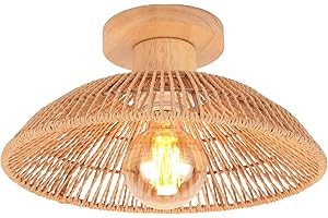 iDEGU Plafonnier Rétro Luminaire en Rotin et Bois Design Bohème Lustre Suspension Vintage Lampe de Plafond E27 Éclairage Décoration pour Salon, Chambre, Couloir, 30CM (Rotin Marron)