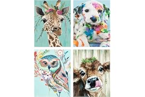 Daisen Art Paint by Numbers for Adults Beginner and Kids,4 Pack Animal Paint by Numbers Kits,Giraffe Cow Owl Dog DIY Acrylic Oil Painting by Number for Home Decor 12X16inch