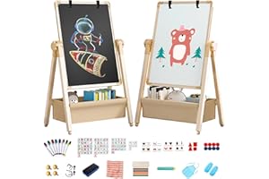 CHIDIAM Lavagna per Bambini Cavalletto Artistico Pittura in Regolabile Altezza 3 in 1 Doppia Faccia Tavolo da Disegno Pieghevole, Lavagna Bianca Girevole a 360° con Lettere e Numeri Giocattoli 3+ Anni
