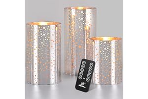 M Mirrowing LED Candles, Glass Sliver Flameless Candles with Remote, Battery Candles Flickering with Timer, Set of 3 (D 3"×H 4" 5" 6") for Home Decoration