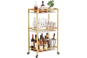 Lifewit Drink Trolley, 3 Tier Rolling Bar Cart, Tea Serving Trolley on Lockable Wheels, Kitchen Cocktail Alcohol Trolley for Dining Living Room, 43.2 x 30 x 81.5 cm, Gold