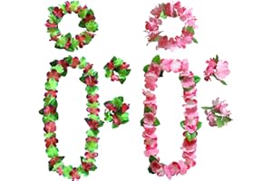 AWCIGG Zestaw hawajskich naszyjników, zielono-fioletowo-różowe, hawajskie kwiaty, opaska na czoło i bransoletka, łańcuch z zielonymi liśćmi, łańcuszek hawajski, kwiatowy o wysokiej gęstości, dekoracja na imprezę