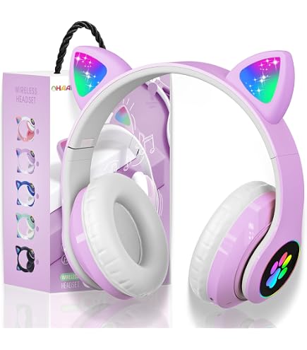Casque Bluetooth Pour Filles, Casque 3D Chat Avec Lumière Led, Casque 2