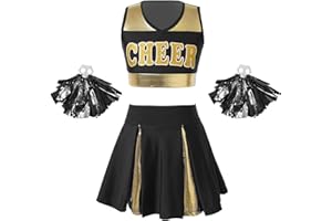 JanJean Kinder Mädchen Cheer Leader Kostüm Cheerleadering Outfit Uniform Karneval Kostüm Top und Rock mit Pompons/Schleife Haarbänder Strümpfe