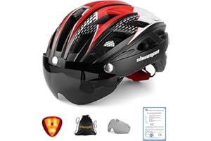 Shinmax Kask rowerowy, certyfikat CE, kask rowerowy ze zdejmowanymi okularami ochronnymi, wizjer dla mężczyzn i kobiet, dorosłych, regulowana ochrona bezpieczeństwa LED tylne światło do deskorolki, jazdy na nartach, snowboardzie NR-096