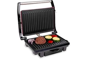 alpina Griglia a contatto – Optigrill 230 V/1000 W – Panini Grill – Multigrill per verdure, pane e carne – Griglia da tavolo con rivestimento antiaderente – Vassoio antigoccia – Nero/Rosso