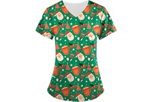 FTRGHNY Christmas Scrubs Tops Nurse Womens Nursing Uniforms Beauty Tunics Christmas Tree Santa Snowman Cute Printed Salons Wrap Mock Christmas Work Tops Health Care Uniform