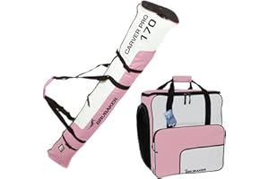 Brubaker Set Sac de Ski et Sac à Chaussures pour 1 Paire Jusqu'à 170 cm + Bâtons + Chaussures + Casque Rose/Blanc