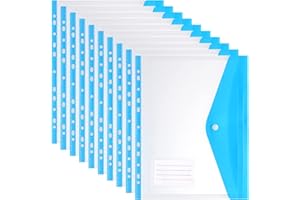 POERMA Ring Binder Punch Pocket, Clear Poly Envelope Pocket Binder A4 with Label Pocket and Snap Button, 11 Holes Plastic Wallets for School and Office Supplies, Pack of 10, Blue