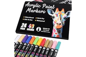 AEDAGA 24 Acrylic Paint Pens with 48 Colours Brush Tip for Rock Painting Fabric Glass Stone Ceramic Wood Metal, Dual Tip Acrylic Markers for Adults, Paint Markers for Easter Egg Pumpkins Graffiti