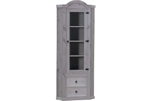 Dynamic24 Eckschrank New Mexico Kiefer massiv grau Mexiko Wohnzimmer Vitrine Schrank Vitrinenschrank Landhaus-Stil