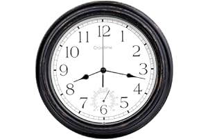 CROSSTIME 16 Inch/40 Cm Large Outdoor Clock Waterproof with Thermometer Retro/Vintage Indoor Outdoor Wall Clocks for Garden Patio Pool Living Room Decor, Bronze