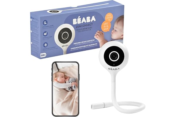 BÉABA, Ecoute Bébé Vidéo, Babyphone Zen Connect, Caméra Full HD 1080p, Talkie-Walkie, Longue Portée, Connexion Mobile et WiFi, Berceuses, Tige Flexible