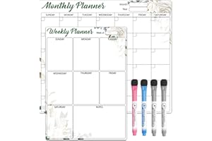 Sliandtelly Monthly and Weekly Planner Whiteboard for Wall, 2 Pcs Self-adhesive Dry Erase Wall Calendar Stick to Fridge Cupboard with 4 Magnet Pens for Home Kitchen Shopping List Family Organizer