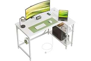 DOMSHOCT Small L Shaped Gaming Desk with Power Outlets, 100x70cm Corner Computer Table with Large Reversible Storage Shelves, Home Office PC Workstation with Hooks for Writing Study, White