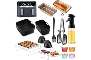 ENSINE Accessoires Pour Moulinex Dual Easy Fry Xxl 11L, Moule En Silicone Sur Mesure Pour Double Friteuse À Air EY942B, Incl. Grillrost, Spray Huile, Moule À Muffins, Moule À Pain, Etc. +15 Pièces