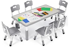 MAMIZO Kindertisch Packung mit 6 Stühlen, Kindertischgruppe Höhenverstellbar, Kinder Tisch Stuhl Set für Kindergarten und Kinderzimmer, Plastik Kindermöbel, Sitzgruppe Jungen Mädchen ab 2 Jahre, Grau
